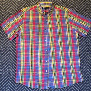 Cremieux Men's Short Sleeve Button Up Shirt, Sz L, Red Yellow Blue  Green Plaid